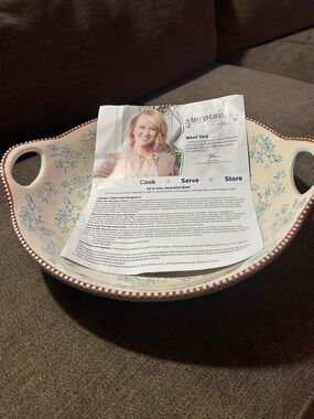 Temp-tations Blue Floral Ceramic Serving Bowl with Pink Trim